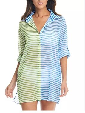 Bleu Rod Beattie Two-Tone Striped Button-Down Swim coverup Shirt - Blue & Green